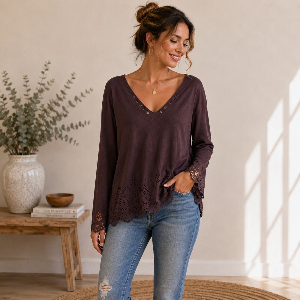 Venezia Jeans Faux Suede Top Brown Bell Sleeves Cutouts Women's Size XL